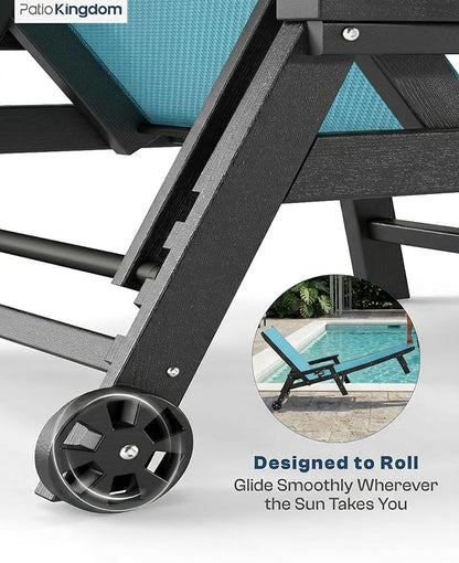 Patio Chaise Lounge Chair with Wheels & Cup Holder, HDPE Textilene Outdoor Lounge Chair 5 Positions Adjustable for Poolside Deck Patio Backyard (4, Grey Frame, Lake Blue Textilene)