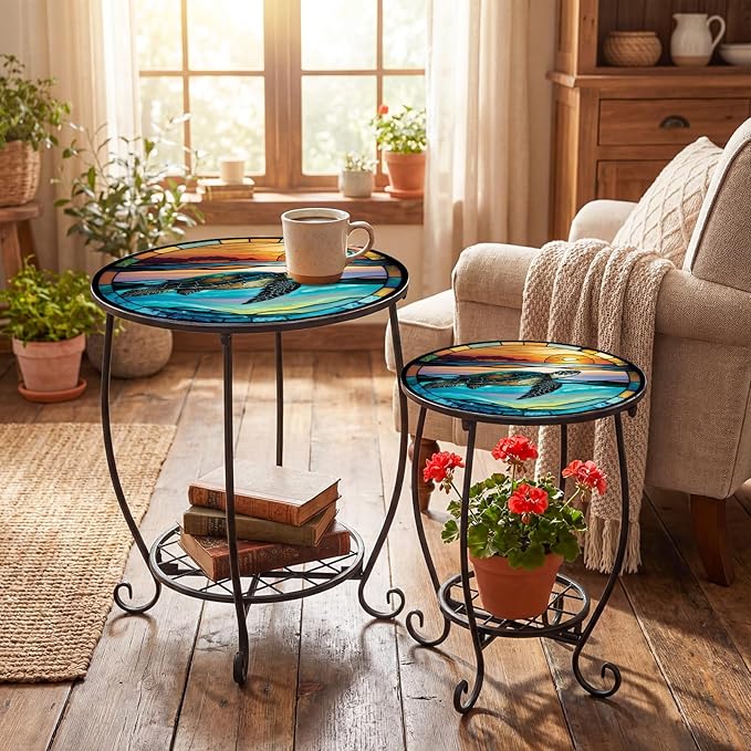 2 Pcs Outdoor Side Table Small Patio Round Mosaic Accent End Table Indoor Plant Metal Coffee Tea Tables for Patio Yard Porch Garden Living Room(12" and 16",Turtle Style)