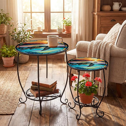 2 Pcs Outdoor Side Table Small Patio Round Mosaic Accent End Table Indoor Plant Metal Coffee Tea Tables for Patio Yard Porch Garden Living Room(12" and 16",Turtle Style)