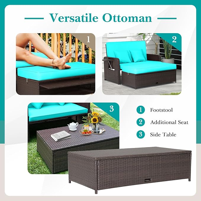 COSTWAY Patio Rattan Daybed with Cushions, Outdoor Wicker Loveseat Sofa with Storage Ottoman - Photo 7