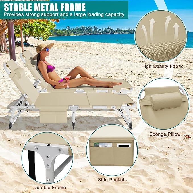 DoCred Heavy Duty XXL Tanning Chair with Face Hole&Mat, Oversized 5-Position Folding Chaise Lounge Chairs for Outside, Portable Beach Lounge Chair for Outdoor Sunbathing Beach Pool Lawn Camping