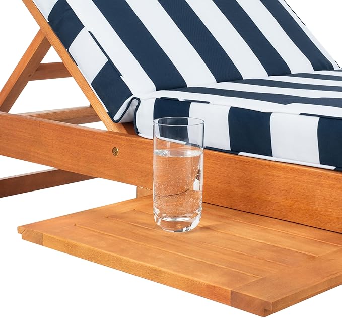 SAFAVIEH Outdoor Collection Newport Natural/ Navy & White Stripe Cushion Built-in Side Table Adjustable Chaise Lounge Chair