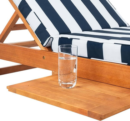 SAFAVIEH Outdoor Collection Newport Natural/ Navy & White Stripe Cushion Built-in Side Table Adjustable Chaise Lounge Chair
