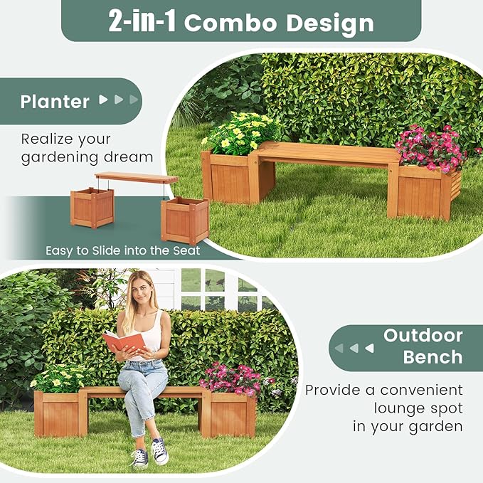 Moccha Wood Garden Bench with Planter Boxes, Raised Garden Bed with Open-Ended Base, Teak Oil Finish, Patio Planter Box Bench, Outdoor Plant Container for Garden, Yard, Lawn, Balcony, DIY Assembly