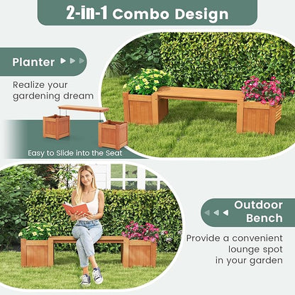 Moccha Wood Garden Bench with Planter Boxes, Raised Garden Bed with Open-Ended Base, Teak Oil Finish, Patio Planter Box Bench, Outdoor Plant Container for Garden, Yard, Lawn, Balcony, DIY Assembly