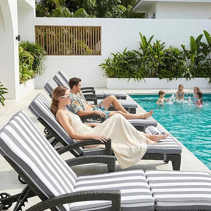 Chaise Lounge Chairs Set of 6, Upholstered 5-Positions Adjustable Pool Loungers, 80" Long Wicker Outdoor Lounge Chairs, Patio Chaise Lounges with Wheels for Sunbathing/Deck/Yard, Khaki