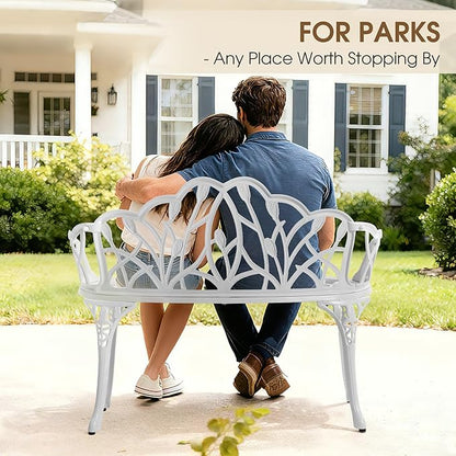 Outdoor Bench, Cast Aluminum Double Seating with Backrest and Armrests, Mental Outdoor Furniture for Patio, Porch, Garden, Park, White Tulip