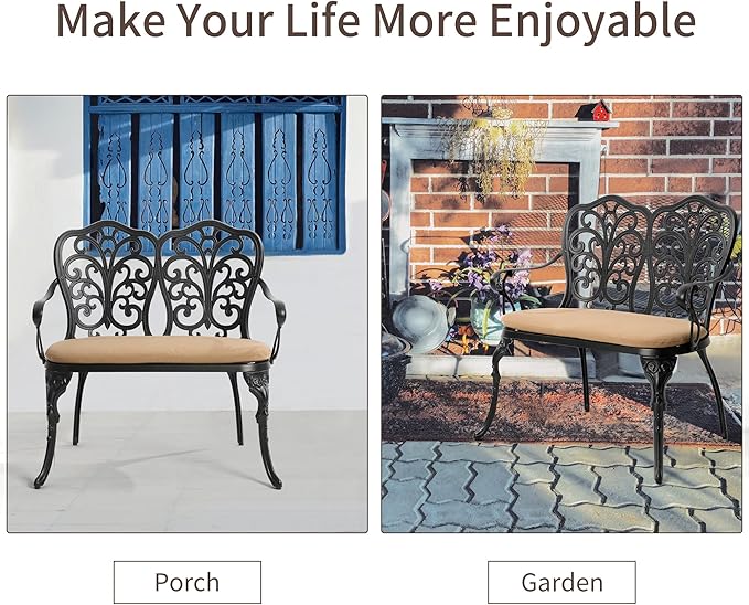 HOMEFUN Outdoor Bench with Cushion - Patio Garden Benches Metal Loveseat Butterfly Cast-Aluminum Outside Furniture for - Photo 3