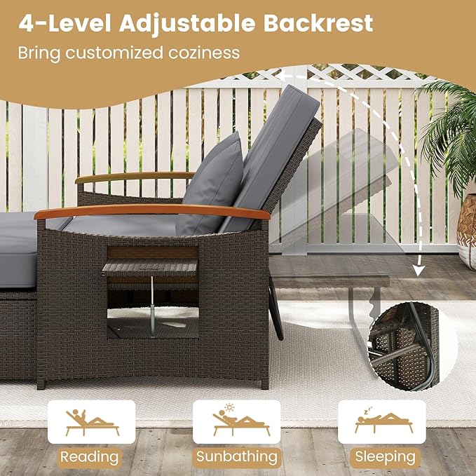 Tangkula Patio Rattan Daybed with 4-Level Adjustable Backrest, Outdoor Wicker Loveseat with Acacia Wood Armrest - Photo 5