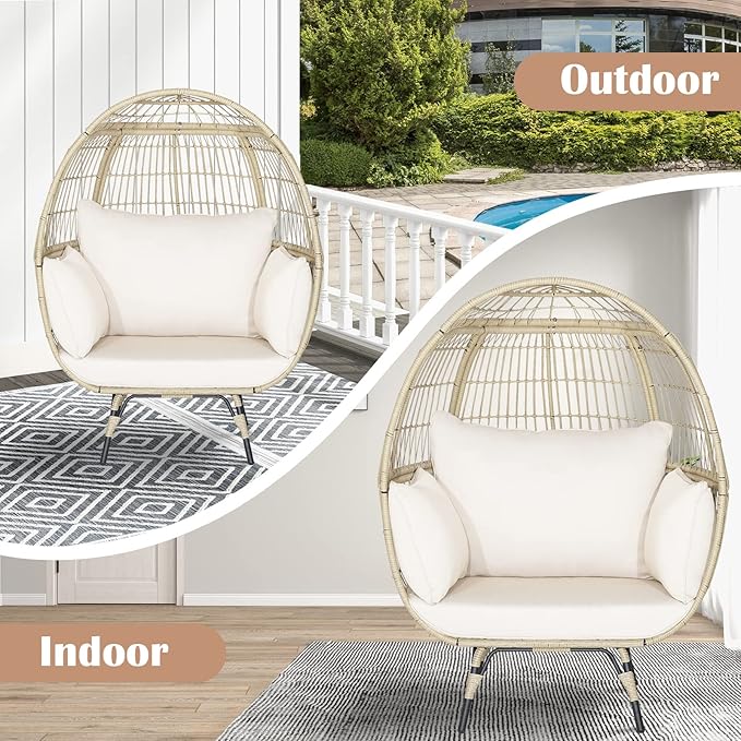 Giantex Oversized Wicker Egg Chair, Outdoor & Indoor Hammock Chair with Thick Cushions, 2-Person PE Rattan Lounge Chair Swing Chair for Patio, Backyard,Porch, 450 LBS Weight Capacity (Light Brown)