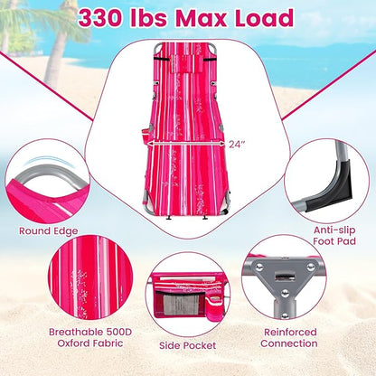 COSTWAY Tanning Chair with Face Hole, Folding Sun Bathing Lounge Chair with Armrest, Side Pocket & Protective Flap, Face Down Layout Chair for Beach, Patio, Pool, Outside (2, Pink+White)