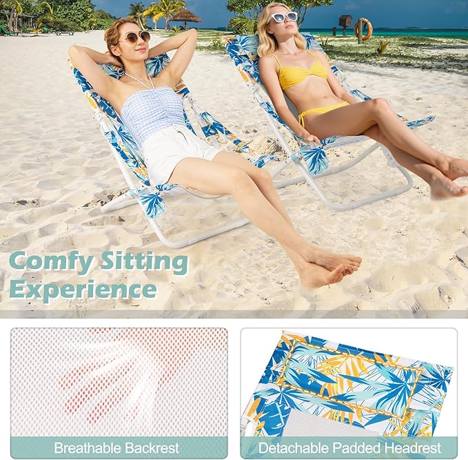 GYMAX Beach Chair Set of 4, Folding Sling Chairs with Headrest, Cup Holder & Shoulder Strap - Photo 6