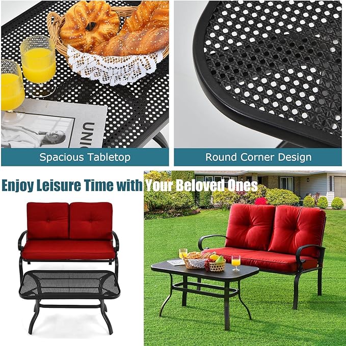 RELAX4LIFE Patio Loveseat with Coffee Table - 2-Piece Patio Conversation Sofa Set w/Backrest & Cushions, Modern Outdoor Glider Bench for Garden, Backyard, Poolside, Metal Porch Furniture (Red)