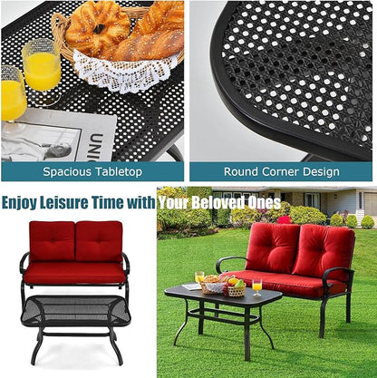 RELAX4LIFE Patio Loveseat with Coffee Table - 2-Piece Patio Conversation Sofa Set w/Backrest & Cushions, Modern Outdoor Glider Bench for Garden, Backyard, Poolside, Metal Porch Furniture (Red)
