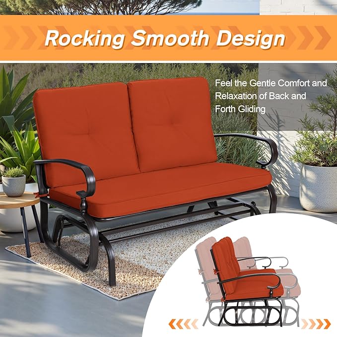 Incbruce Outdoor Glider Rocking Chair Patio Glider Bench for 2 Person, Porch Loveseat Seating Patio Steel Frame Chair Set with Cushion for Porch, Patio, Garden (Red)