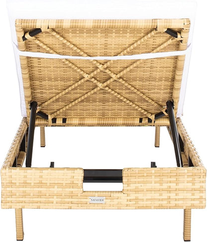 SAFAVIEH Outdoor Collection Cam Natural Brown Wicker/White Cushion Adjustable Chaise Lounge Chair, Black/Beige (PAT7501D)