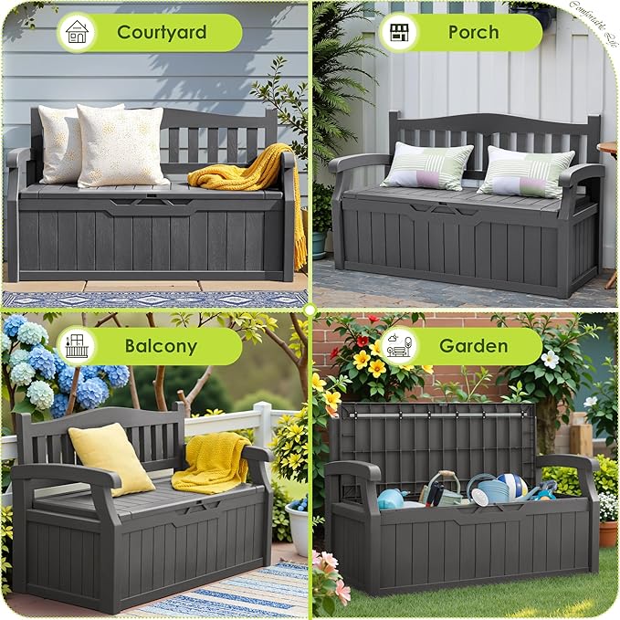 Greesum 80 Gallon Outdoor Storage Bench, Resin Patio Furniture with Armrest, Waterproof and UV-Resistant - Photo 7