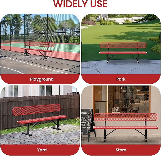 8 Feet Steel Park Bench for Outside, Outdoor Bench with Backrest & Portable Frame, Commercial Benches for Shopping Malls, Stores, Parks, Patios, Decks, Red