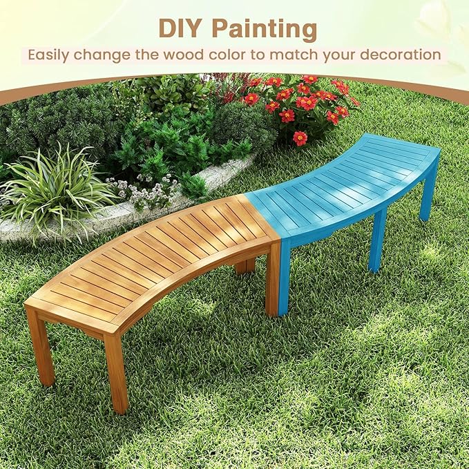 Moccha Outdoor Curved Bench, Acacia Wood Fire Pit Bench w/Slatted Seat, Loveseat, Outside Chair, Patio Backless 2-Person Seating for Balcony Yard Deck Porch 800 LBS Max Load (2, Natural)