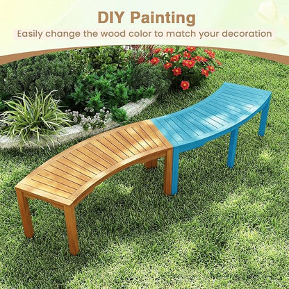 Moccha Outdoor Curved Bench, Acacia Wood Fire Pit Bench w/Slatted Seat, Loveseat, Outside Chair, Patio Backless 2-Person Seating for Balcony Yard Deck Porch 800 LBS Max Load (2, Natural)