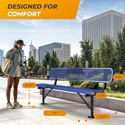 Heavy-Duty Outdoor Metal Bench, Thermoplastic-Coated, Surface, Weatherproof, Commercial-Grade for Parks, Gardens, Patios, Stores & More (6 Ft - Surface with Back, Blue)