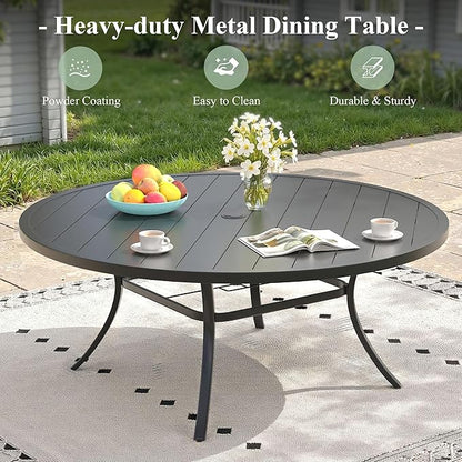 Outdoor Dining Table for 8, 63" Round Outdoor Table with Adjustable Umbrella Hole, All-Weather Metal Patio Dining Table for Lawn Garden Backyard Deck, Black