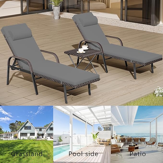 Patio Chaise Lounge Set 3 Pieces Outdoor Lounge Chair with Rattan Adjustable Backrest Armrest and Folding Table for Beach Patio,Sand, for Poolside Backyard Porch