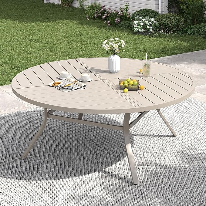 VICLLAX 60" Round Patio Table with Umbrella Hole, All Weather Metal Outdoor Dining Table for 8, Outside Table for Lawn Garden, Sandshell Color