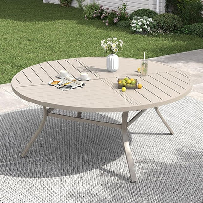 VICLLAX 60" Round Patio Table with Umbrella Hole, All Weather Metal Outdoor Dining Table for 8, Outside Table for Lawn Garden, Sandshell Color