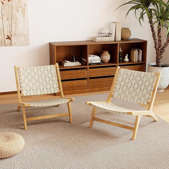 Tangkula Teak Wood Patio Dining Chair, Outdoor Wooden Mid-Century Accent Armless Chair w/Webbing Seat & Backrest, for Living Room, Balcony, Porch, Backyard, Lawn, Poolside, Garden, Deck