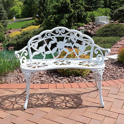 Sunnydaze 2-Person Classic Rose Cast Aluminum White Outdoor Garden Bench