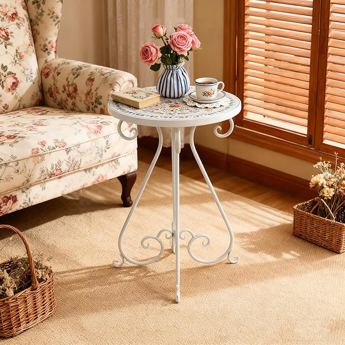Outdoor Side Table & Mosaic Plant Stand, 14" Ceramic Tile Top Round End Table Accent Table, Indoor Outdoor Coffee Tea Table for Yard Porch Garden Patio