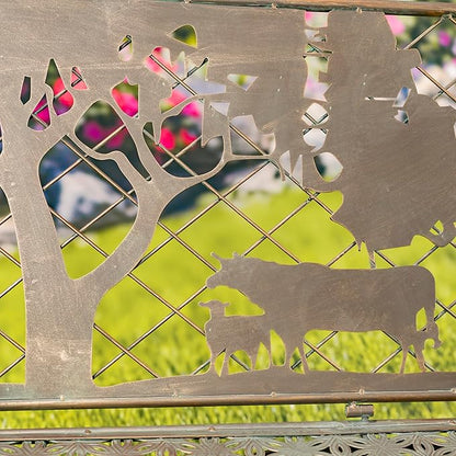 Classic Iron Garden Bench with Nature Scenery (Cow & Windmill Backrest in Bronze)