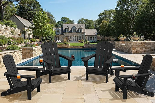 SERWALL Folding Adirondack Chair, Dual Cup Holders, Wood-Like Patio Chair for Backyard, Camping，Pool & Fire Pit- Black
