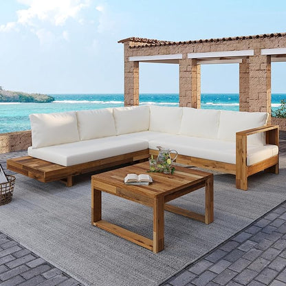 Acacia Wood 4pc Outdoor Sectional Sofa Set with Cushions and Slatted Design - Modern Patio, Deck & Garden Seating for Ultimate Comfort