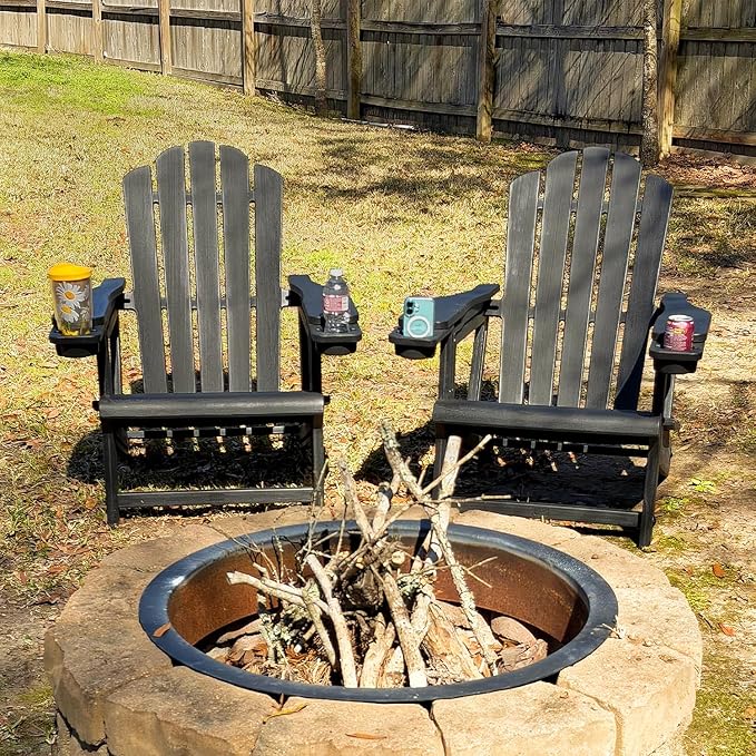 PURPLE LEAF Adirondack Chair Set of 2 HDPE All-Weather Outdoor Fire Pit Chair with 24.6" Oversized Seat Wood-Textured Patio Adirondack Chair with Dual Cup Holders for Garden Deck Backyard, Black
