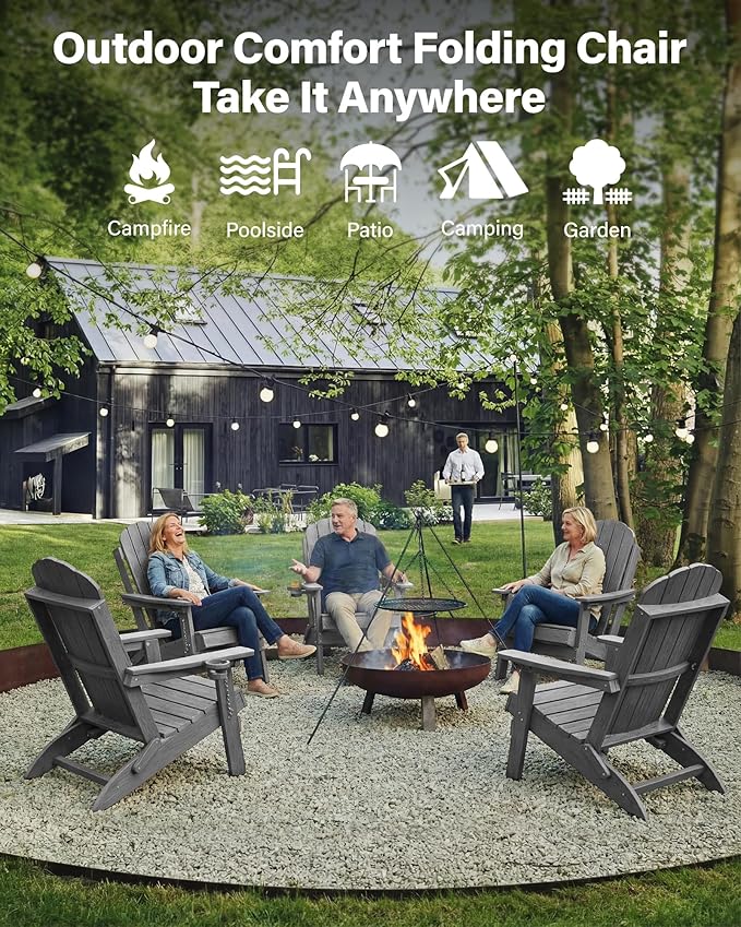 YEFU Adirondack Chairs Set of 4 for Patio: Folding Plastic Fire Pit Chair with Cup Holders & Adjustable Backrest - Sturdy All-Weather HDPE for Outdoor Backyard Deck- Easy Assembly(Grey)