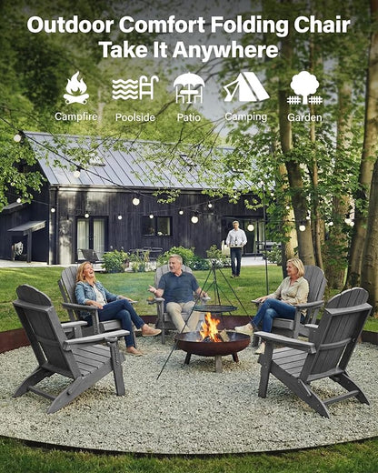 YEFU Adirondack Chairs Set of 2 for Outdoor: Folding Plastic Fire Pit Chair with Cup Holders & Adjustable Backrest - Sturdy All-Weather HDPE for Patio Lawn - Easy Assembly(Grey)