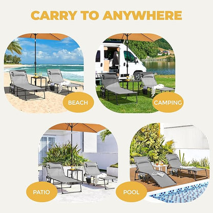 Yaheetech 26.4" Outdoor Folding Tanning Chair, Chaise Lounge Chairs with 5 Back Position Adjustable, Extended Portable Lounger for Beach, Patio, Gray