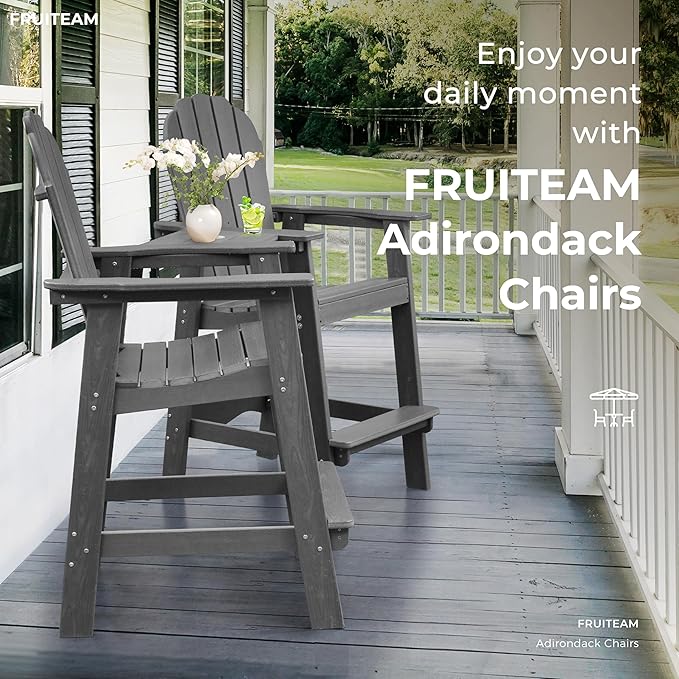 FRUITEAM High-Adirondack-Chairs Set of 2 with Connecting Tray, Outdoor Weather-Resistant Deck Chairs, Low-Maintenance Poly Balcony Set, for Patio, Poolside, Garden
