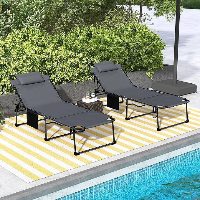 Outsunny 2 Piece Folding Chaise Lounge with 5-Level Reclining Back, Tanning Chair with Face Hole - Photo 2