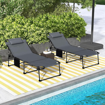 Outsunny 2 Piece Folding Chaise Lounge with 5-Level Reclining Back, Tanning Chair with Face Hole, Outdoor Lounge Chair with Side Pocket & Headrest for Beach, Yard, Patio, Gray