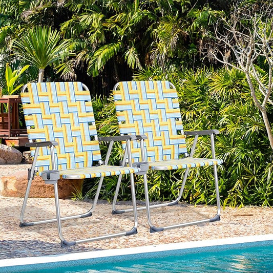 VINGLI Aluminum Oversize Patio Lawn Chairs Folding Set of 2 with Detachable Cup Holder, Webbed Beach Chair Folding Chair Outdoor Portable Camping Chair for Yard, Garden