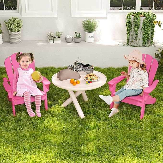 Costzon Adirondack Chair Set of 2, All-Weather HDPE Patio Chair with Armrests, Fire Pit Chair for Ages 3-8, Outdoor Patio Lounge Chair for Garden, Lawn, Backyard (Pink)
