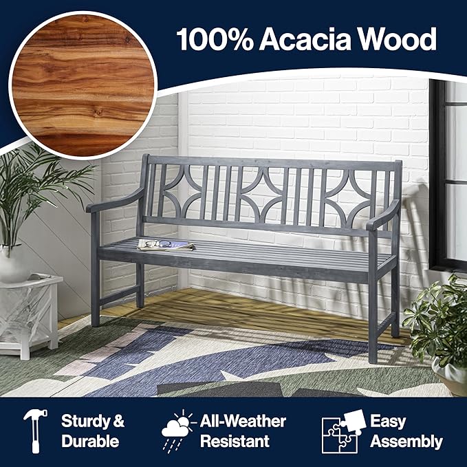 JONATHAN Y BNH100B Sloane 59.1" 3-Seat Ogee Diamond-Back 600-Lbs Support Acacia Wood Outdoor Garden Patio Bench for Garden, Lawn, Backyard, Pool, Deck, Beach, Firepit, Gray