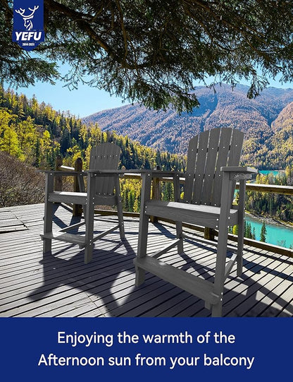 YEFU Balcony Chair, Tall Adirondack Chair Set of 2 with Connecting Tray, Poly Lumber Adirondack Chair Bar Stools, Patio Stools, 380lbs, Weather Resistant for Outdoor Deck Lawn Pool Backyard-Grey