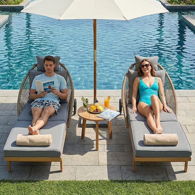 Patio Chaise Lounge Chairs Set of 2, Oversized Lounge Chair Outdoor with Cushions, Pool Lounger Chairs with Wheels - Photo 6