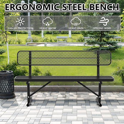 72" Metal Park Benches for Outside - Black Outdoor Benches Heavy Duty Garden Weatherproof Bench with Backrest, Buddy Bench for Schools,Commercial Benches for Shopping Mall, Store, Yard, Patio