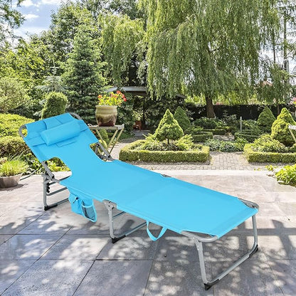 GYMAX Tanning Chair, Folding Beach Lounger with Face Arm Hole, Adjustable Backrest, Side Pocket, Pillow & Carry Handle, Outside Sunbathing Lounge Chair for Patio, Poolside, Lawn (1, Turquoise)