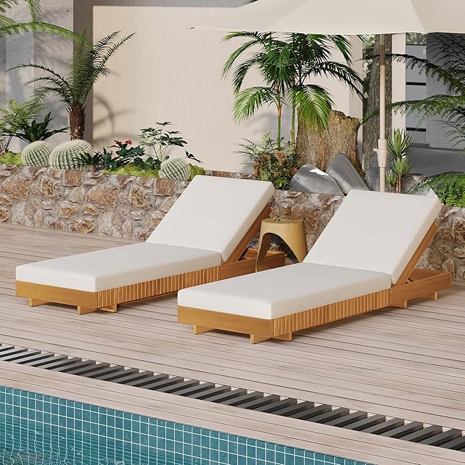 Merax 2-Piece Acacia Wood Chaise Lounge Set w/ 6-Position Adjustable Backrest & Cushion - Outdoor Patio Poolside Furniture, Beige